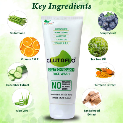 GLUTAFLO Face  Wash With Gel Technology | Glow & Radiance Face Wash | With Glutathione,Berry Extract,Tea Tree Oil,Vitamin C & E and Aloe Vera | Face Wash For Women & Men - All Skin Type. | 100ML